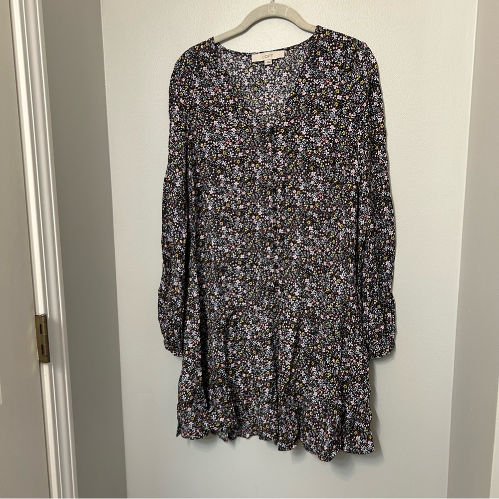 LOFT Floral Midi Dress - Black‎ Multi